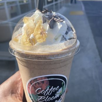 Coffee Bloom - A Funky Monkey it's good Banana chocolate and peanut butter with banana chips and chocolate flakes - Coffee & Tea Near Me - Lancaster, California
