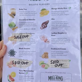 Kessho - Gelato menu, page 1, showing 3 flavors sold out by 3p - Chocolatiers & Shops Near Me - Austin, Texas