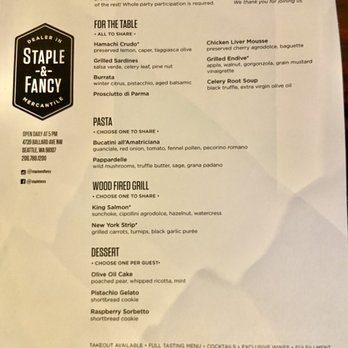 Staple & Fancy - Dinner menu Jan 15 2021 - Italian Near Me - Seattle, Washington