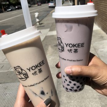 Yokee Milk Tea - Left: Earl Grey Milk Tea with Grass Jelly Right: Taro Milk Tea with Boba - Bubble Tea Near Me - Oakland, California Yokee Milk Tea - Left: Earl Grey Milk Tea with Grass Jelly Right: Taro Milk Tea with Boba - Bubble Tea Near Me - Oakland, California