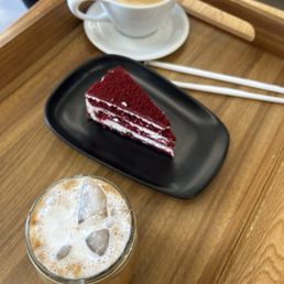 Iced Qamaria Latte, Caramel Macchiato and red velvet cake Iced Qamaria Latte, Caramel Macchiato and red velvet cake