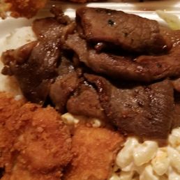 Bbq mix. Teriyaki beef, double mac, & chicken katsu, rice & few strands of uncooked cabbage. Bbq mix. Teriyaki beef, double mac, & chicken katsu, rice & few strands of uncooked cabbage.
