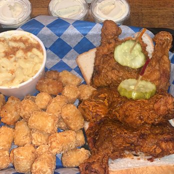 Porch - Nashville hot chicken w. tater tots and mac&cheese - Southern Near Me - Saint Simons Island, Georgia Porch - Nashville hot chicken w. tater tots and mac&cheese - Southern Near Me - Saint Simons Island, Georgia