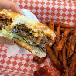 Flipping Out Burgers And Fries - Bacon Cheeseburger and sweet potato fries