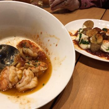 Jaleo - Gambas al Ajillo and Patatas Bravas in the background, again, half way on plates by now...delicious - Spanish Near Me - Washington, DC, District of Columbia