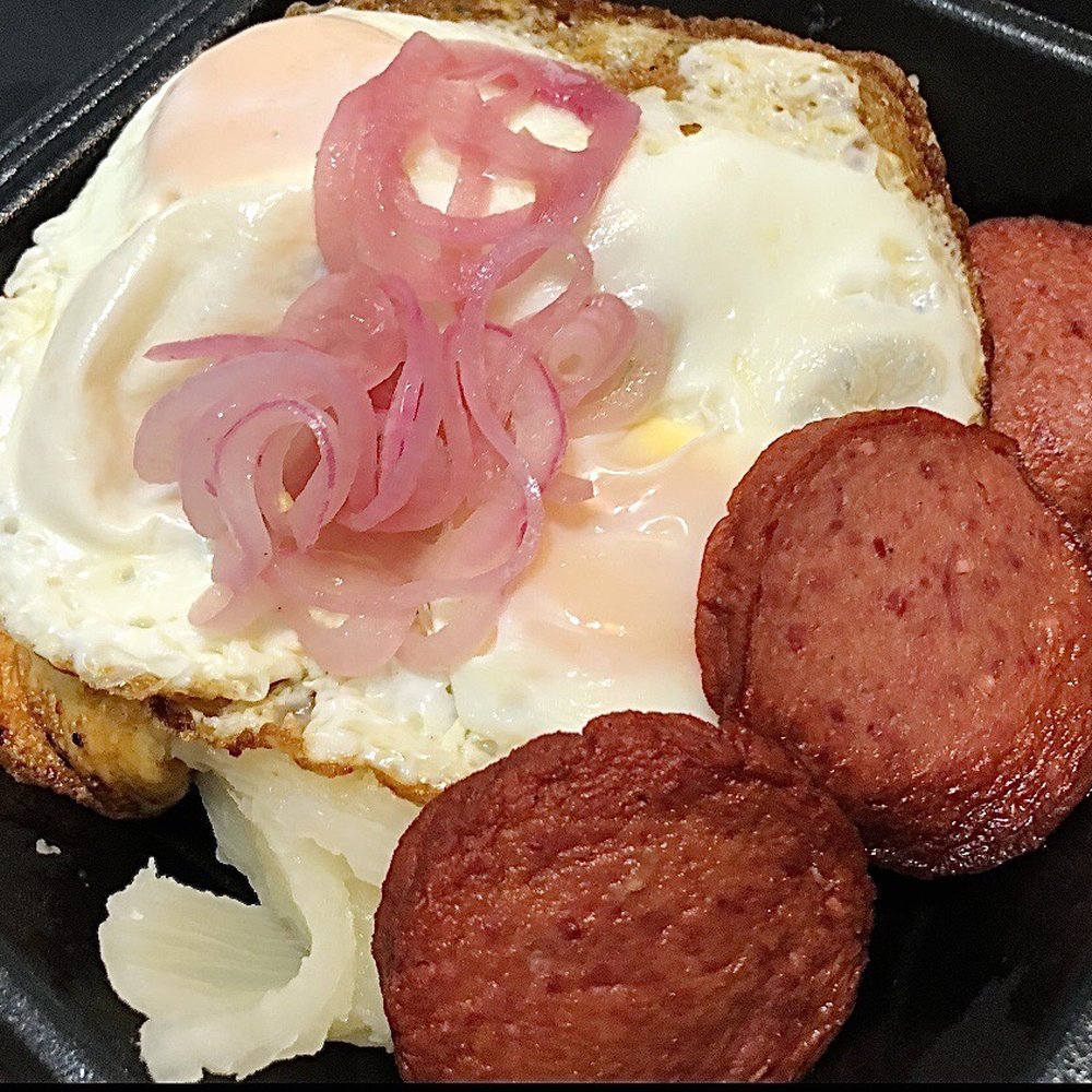 Mangu, salami, onions, eggs Mangu, salami, onions, eggs