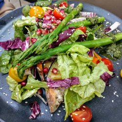 Salü - Open-faced eggplant sandwich with roasted red pepper sauce and sesame pesto (bread and eggplant are underneath all those beautiful veggies)