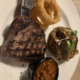 Sirloin steak, baked beans, baked potato
