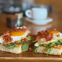 Sara The Wine Bar - Focaccia Avocado Toast with Eggs and Tomatoes