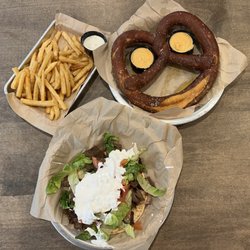 Bighorn Grill - Fries, giant pretzel with beer cheese sauce and gyro