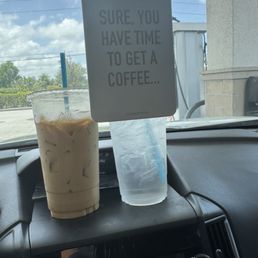 Oatmilk iced latte with an extra shot of expresso and sugar free mocha. Refreshing ice water too!