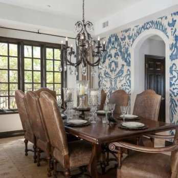 Leanne Michael L U X E lifestyle design - Custom designed and hand painted wall feature, custom window treatments, antique oushak rug, Spanish dining chairs and table - Interior Design Near Me - San Diego, California Leanne Michael L U X E lifestyle design - Custom designed and hand painted wall feature, custom window treatments, antique oushak rug, Spanish dining chairs and table - Interior Design Near Me - San Diego, California