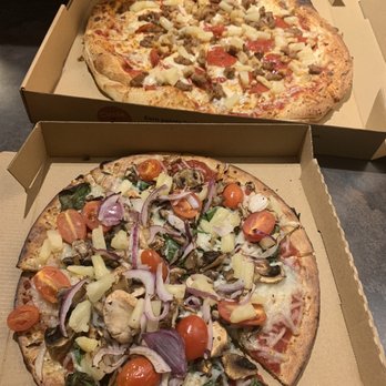 Your Pie Pizza - Veggie-filled vegan pizza in the front, and regular pan pizza with pepperoni and sausage in the back - Pizza Near Me - Peachtree City, Georgia Your Pie Pizza - Veggie-filled vegan pizza in the front, and regular pan pizza with pepperoni and sausage in the back - Pizza Near Me - Peachtree City, Georgia