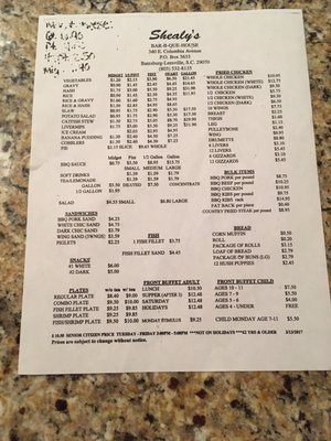Menu photo 2 Shealy's Bar-B-Que House Leesville, SC