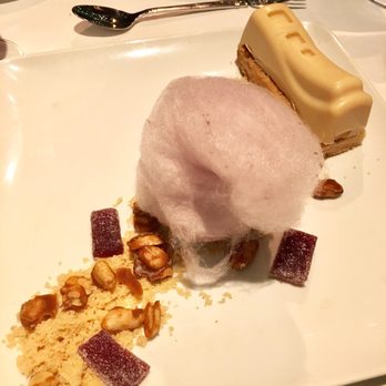Rioja - PB&J - $9 - peanut butter cremeux, white chocolate shell, peanut butter shortbread, grape sorbet, cotton candy - New American Near Me - Denver, Colorado Rioja - PB&J - $9 - peanut butter cremeux, white chocolate shell, peanut butter shortbread, grape sorbet, cotton candy - New American Near Me - Denver, Colorado