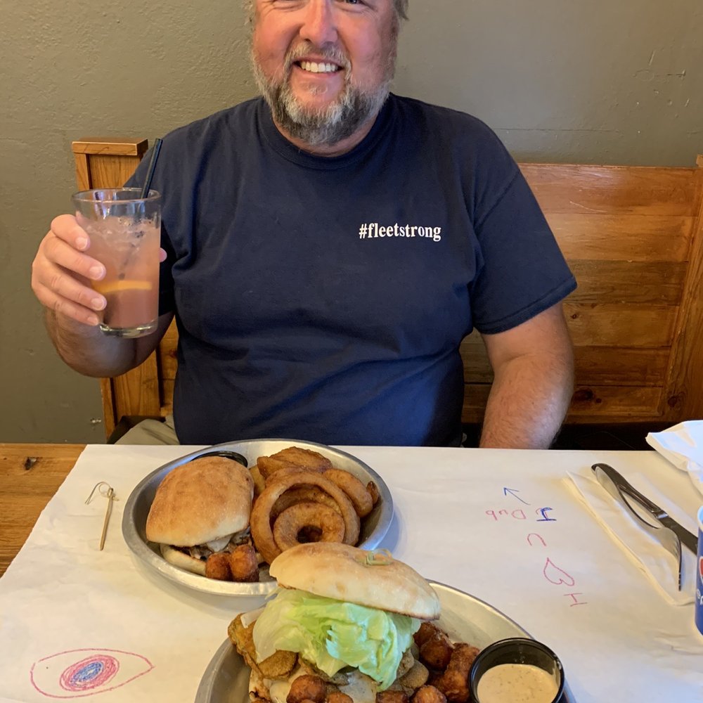 J DUB - Little Boy Bleu Burger w/onion rings and a Pickle Madness Burger w/sweet potato tots. - Breakfast & Brunch Near Me - Bend, Oregon J DUB - Little Boy Bleu Burger w/onion rings and a Pickle Madness Burger w/sweet potato tots. - Breakfast & Brunch Near Me - Bend, Oregon