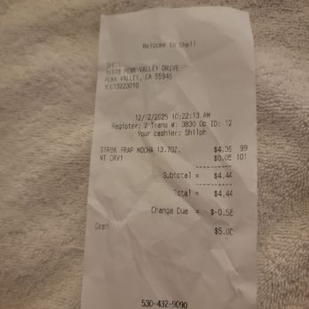Penn Valley Shell & Country Store - December 12 receipt - Gas Stations Near Me - Penn Valley, California Penn Valley Shell & Country Store - December 12 receipt - Gas Stations Near Me - Penn Valley, California