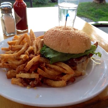 Cafe Dantorels - California burger with garlic fries on the patio. - Cafes Near Me - Sacramento, California