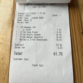 At The Corner - Receipt - Beer Bar Near Me - Litchfield, Connecticut