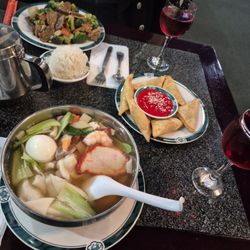 Wonton soup, beef and broccoli and plum wine