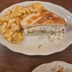 Millie's Pancake Shoppe - Chicken Salad Sandwich with potato chips, no French fries available.