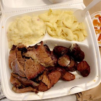 Sam's Bar-B-Que - Brisket, sausage, potato salad, mac n cheese, and BBQ sauce on the side. - Barbeque Near Me - Austin, Texas Sam's Bar-B-Que - Brisket, sausage, potato salad, mac n cheese, and BBQ sauce on the side. - Barbeque Near Me - Austin, Texas
