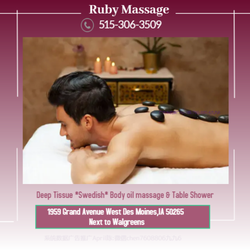Ruby Massage - Our traditional full body massage in West Des Moines, IA
includes a combination of different massage therapies like
Swedish...