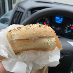 Great Canadian Bagel - Customer takeout of Everything bagel with flavoured cream cheese