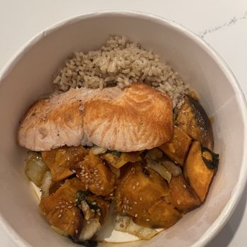 Flower Child - Salmon*, Simple Steamed Brown Rice, Red Chile Glazed Sweet Potato - Salad Near Me - Boulder, Colorado