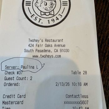 Twohey’s Restaurant - Receipt - New American Near Me - South Pasadena, California Twohey’s Restaurant - Receipt - New American Near Me - South Pasadena, California
