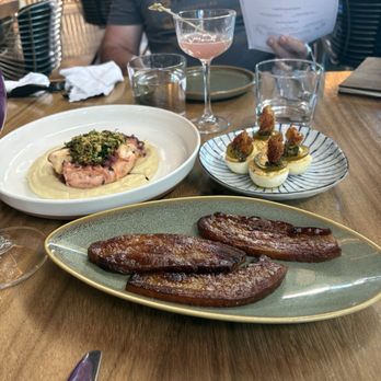 BoujieMana - Spanish octopus, deviled eggs and candied bacon starters. - Mediterranean Near Me - San Diego, California BoujieMana - Spanish octopus, deviled eggs and candied bacon starters. - Mediterranean Near Me - San Diego, California