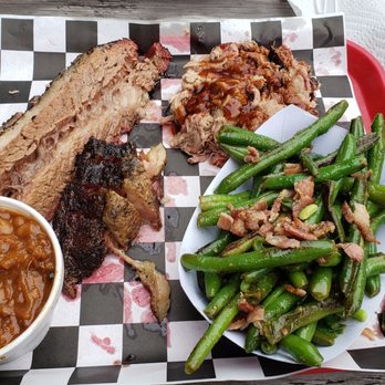 Roger That BBQ - two meat combo with brisket and pulled pork, along with baked beans and roasted veggies as my sides. - Barbeque Near Me - Salem, Oregon Roger That BBQ - two meat combo with brisket and pulled pork, along with baked beans and roasted veggies as my sides. - Barbeque Near Me - Salem, Oregon
