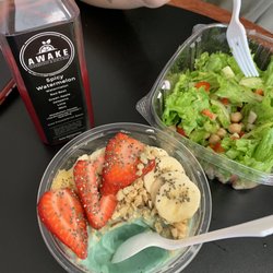 Awake Juice bar - Spicy watermelon cold press. Hawaii bowl. Greek salad