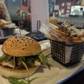 BRGRBELLY - Too Gouda Be True Burger with chicken, Garlic Parm Fry - Burgers Near Me - Chicago, Illinois