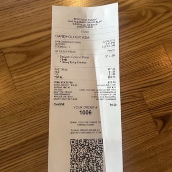 Teriyaki Town - Receipt - Japanese Near Me - Roseville, California