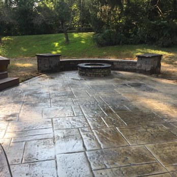 Walkers Concrete - Loveland Ohio Stone Fire Pit on a Stamped Concrete Patio also has Seating Walls and Columns with Custom made Concrete Caps. - Masonry/Concrete Near Me - Goshen, Ohio Walkers Concrete - Loveland Ohio Stone Fire Pit on a Stamped Concrete Patio also has Seating Walls and Columns with Custom made Concrete Caps. - Masonry/Concrete Near Me - Goshen, Ohio