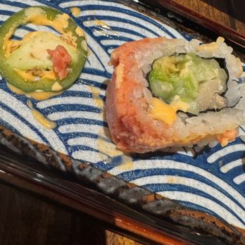 Kokoro Sushi - Hot Mama Roll (NASTY) spam looking "spicy tuna" on top and that TINY off-white piece of fish inside bottom right, was the yellowtail. GROSS - Japanese Near Me - Boca Raton, Florida Kokoro Sushi - Hot Mama Roll (NASTY) spam looking "spicy tuna" on top and that TINY off-white piece of fish inside bottom right, was the yellowtail. GROSS - Japanese Near Me - Boca Raton, Florida