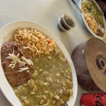 La Hacienda Del Amigo - Chile verde and green enchiladas both with rice and beans. - Mexican Near Me - El Paso, Texas