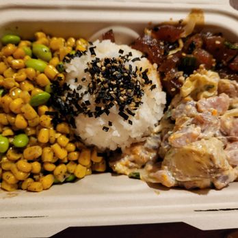 Honaunau Poke Shop - House and non spicy avo poke with white rice and corn salad - Seafood Near Me - Captain Cook, Hawaii Honaunau Poke Shop - House and non spicy avo poke with white rice and corn salad - Seafood Near Me - Captain Cook, Hawaii