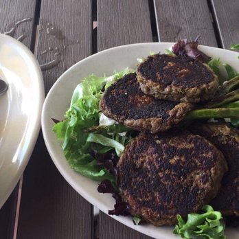 Five Loaves Cafe - She Crab soup and eggplant fritter salad with asparagus and goat cheese! - American Near Me - Mt Pleasant, South Carolina