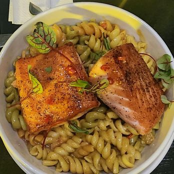 Greyz Bistro - Guava-glazed salmon with creamy roting pasta - Caribbean Near Me - Brooklyn, New York Greyz Bistro - Guava-glazed salmon with creamy roting pasta - Caribbean Near Me - Brooklyn, New York