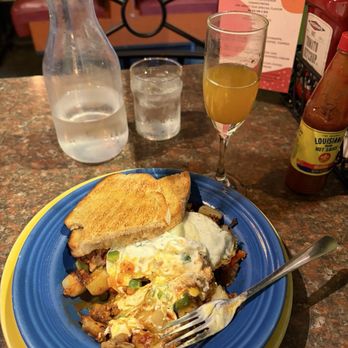 Morning Star Cafe - Chorizo hash with sourdough bread & mango mimosa - Breakfast & Brunch Near Me - Grand Haven, Michigan