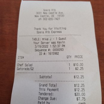 The Spare Rib - the receipt for the restaurant - American Near Me - New Castle, Delaware The Spare Rib - the receipt for the restaurant - American Near Me - New Castle, Delaware