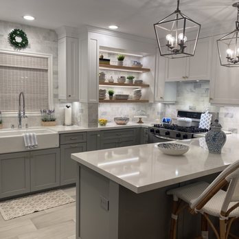 Luna Custom Woodwork - No more bar height overhang! New beautiful white and grey cabinetry! Custom white oak shelving inset - Furniture Repair Near Me - Canoga Park, California