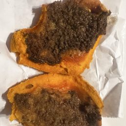 Beef pattie: This is the bottom of the pan made with scotch bonnet! Hot pepper sauce... ordered mild Beef pattie: This is the bottom of the pan made with scotch bonnet! Hot pepper sauce... ordered mild