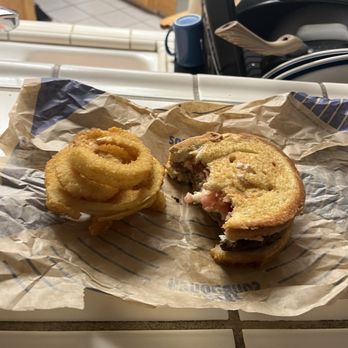Jack in the Box - Sourdough Jack (cold) and that's all the onion rings that I got. - Tacos Near Me - Chowchilla, California