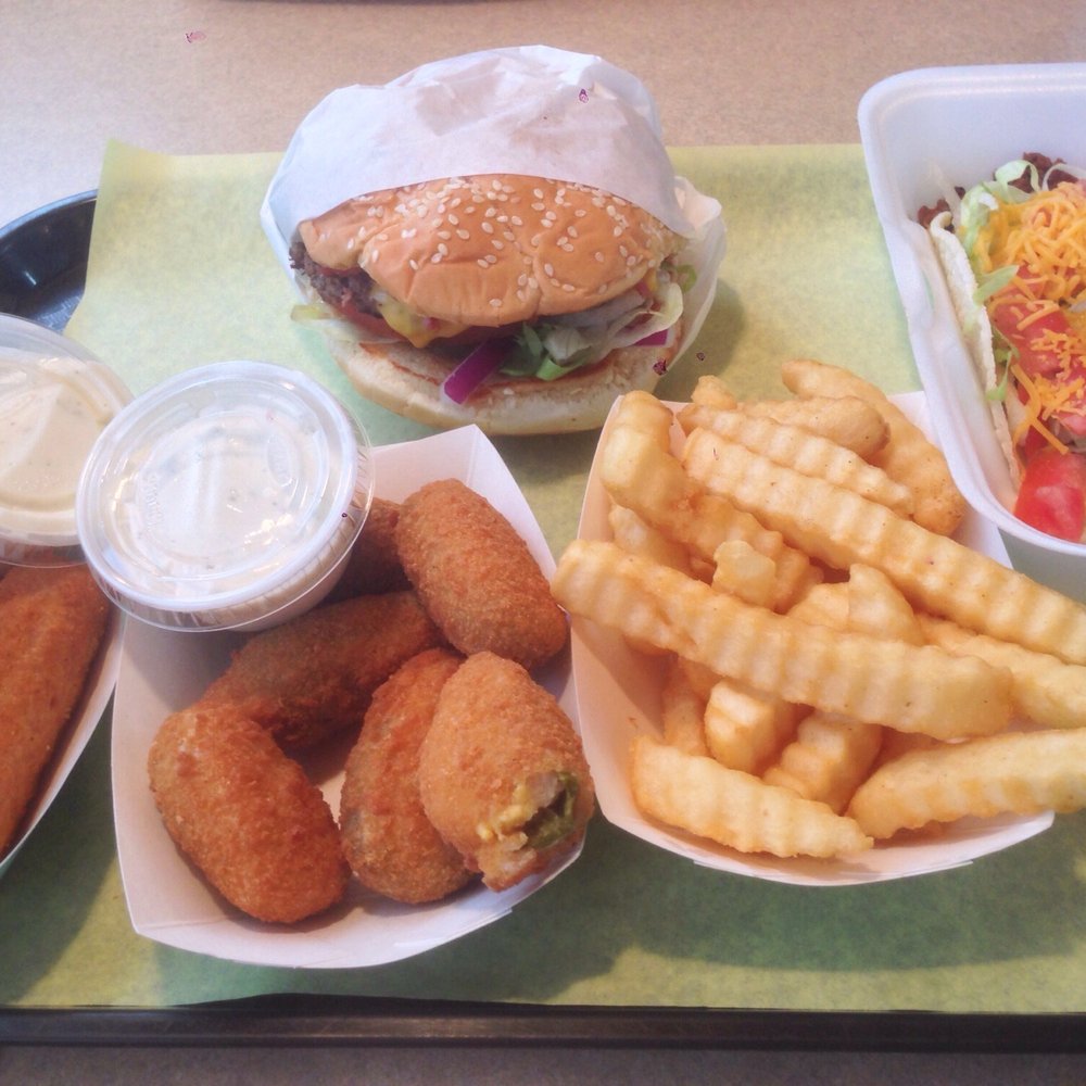 Burger Spot - fried cheese sticks, jalapeño poppers, French fries, pastrami burger, and a bland beef taco - Burgers Near Me - Tehachapi, California