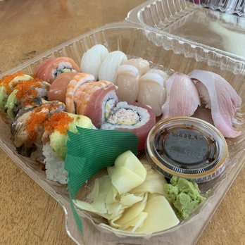 Sushiko - Nigiri from left to right: Squid, Scallop, Hamachi (Yellowtail) + Rainbow Dragon roll. - Japanese Near Me - Los Altos, California Sushiko - Nigiri from left to right: Squid, Scallop, Hamachi (Yellowtail) + Rainbow Dragon roll. - Japanese Near Me - Los Altos, California