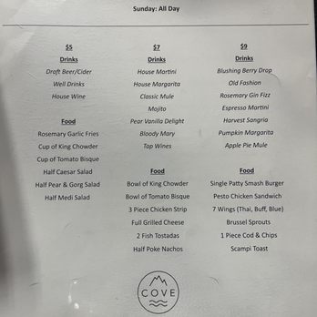 COVE - Happy hour menu on 10.8.23 - Sports Bars Near Me - Olympia, Washington