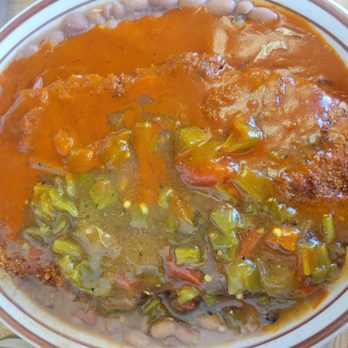 Vic's Daily Cafe - Pork tenderloin with r d and Greene chili, beans, 2 eggs(underneath) - American Near Me - Albuquerque, New Mexico Vic's Daily Cafe - Pork tenderloin with r d and Greene chili, beans, 2 eggs(underneath) - American Near Me - Albuquerque, New Mexico